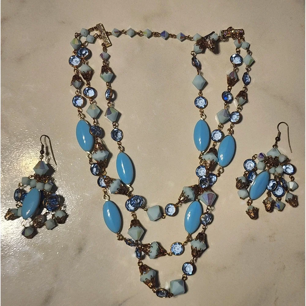 VTG Alice Caviness Blue Aurora Borealis 3 Strand Necklace Chandelier Earrings